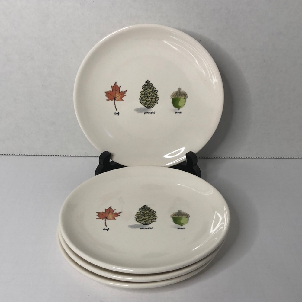 4 Rae Dunn Artisan Collection Autumn Appetizer Plates Leaf Pinecone Acorn Fall